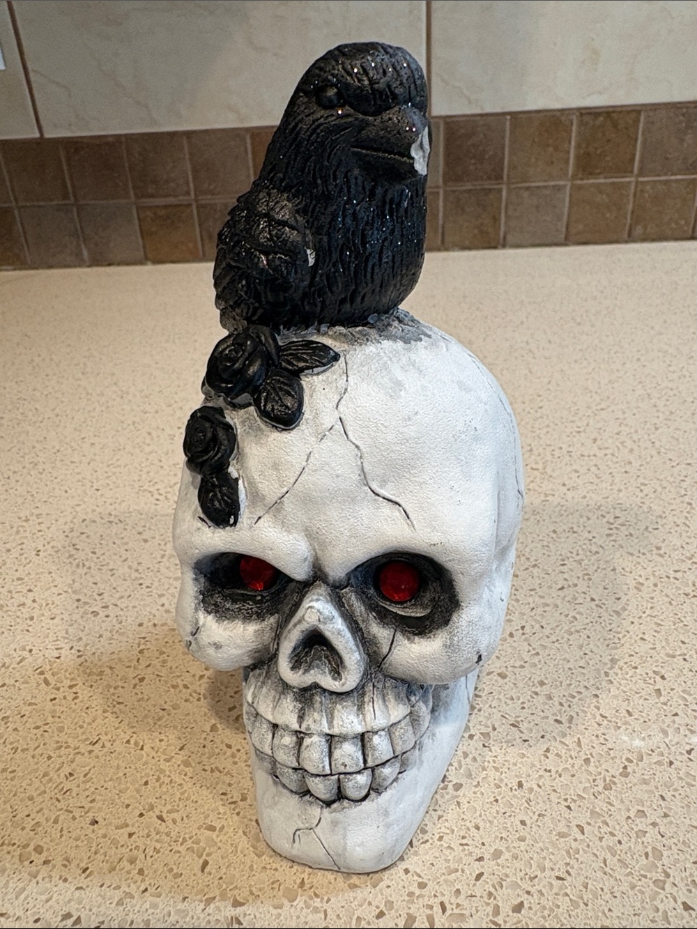 Halloween Decor Skull with Raven Accent - White and Black Gothic Home